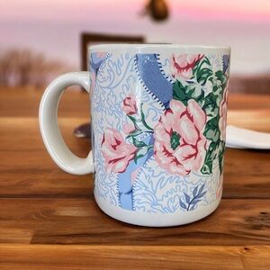 VTG 1980s Mervyn’s Floral Coffee Mug Pink Peony Blue Geometric Pattern EXCELLENT